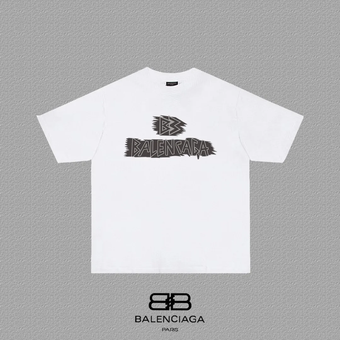 P80✨🔥 BALENCIAGA Paris lettering printed short-sleeved T-shirt, custom-woven and dyed 280g combed cotton heavyweight fabric, zero color difference in thread, perfect details, different from the current version on the market, welcome to compare, Same Style for men and women, must-sell in the picture above Color: White Black Size: 1 2 3 4